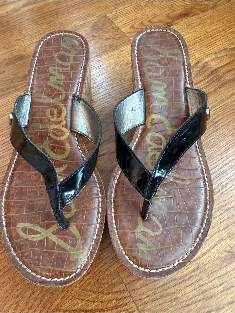 Sam Edelman Romy Black Patent Cork Wedge Thong Sandals Size 7.5